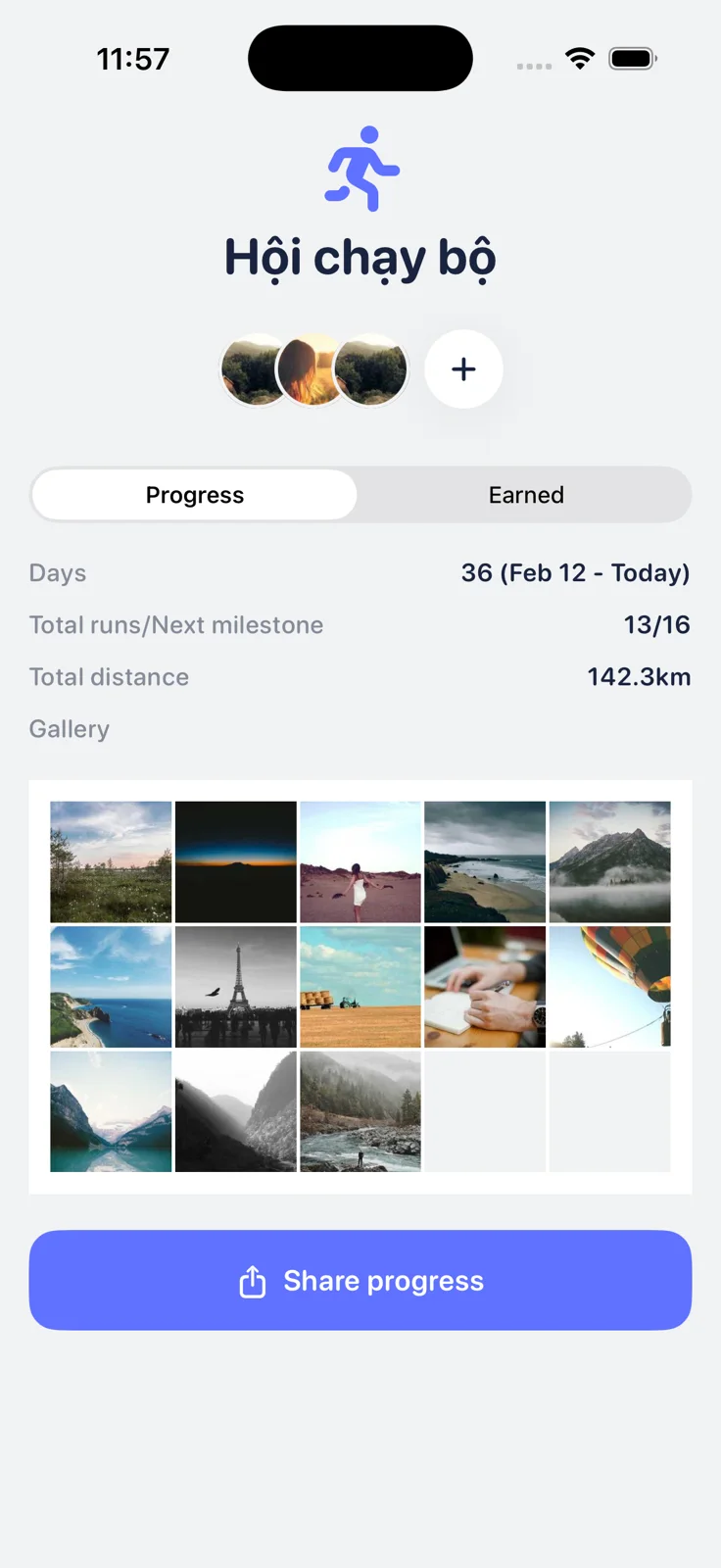 A running crew's shared progress and photo gallery